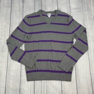 Old Navy Men's Gray & Purple Striped V-Neck Sweater Size S 100% Cotton